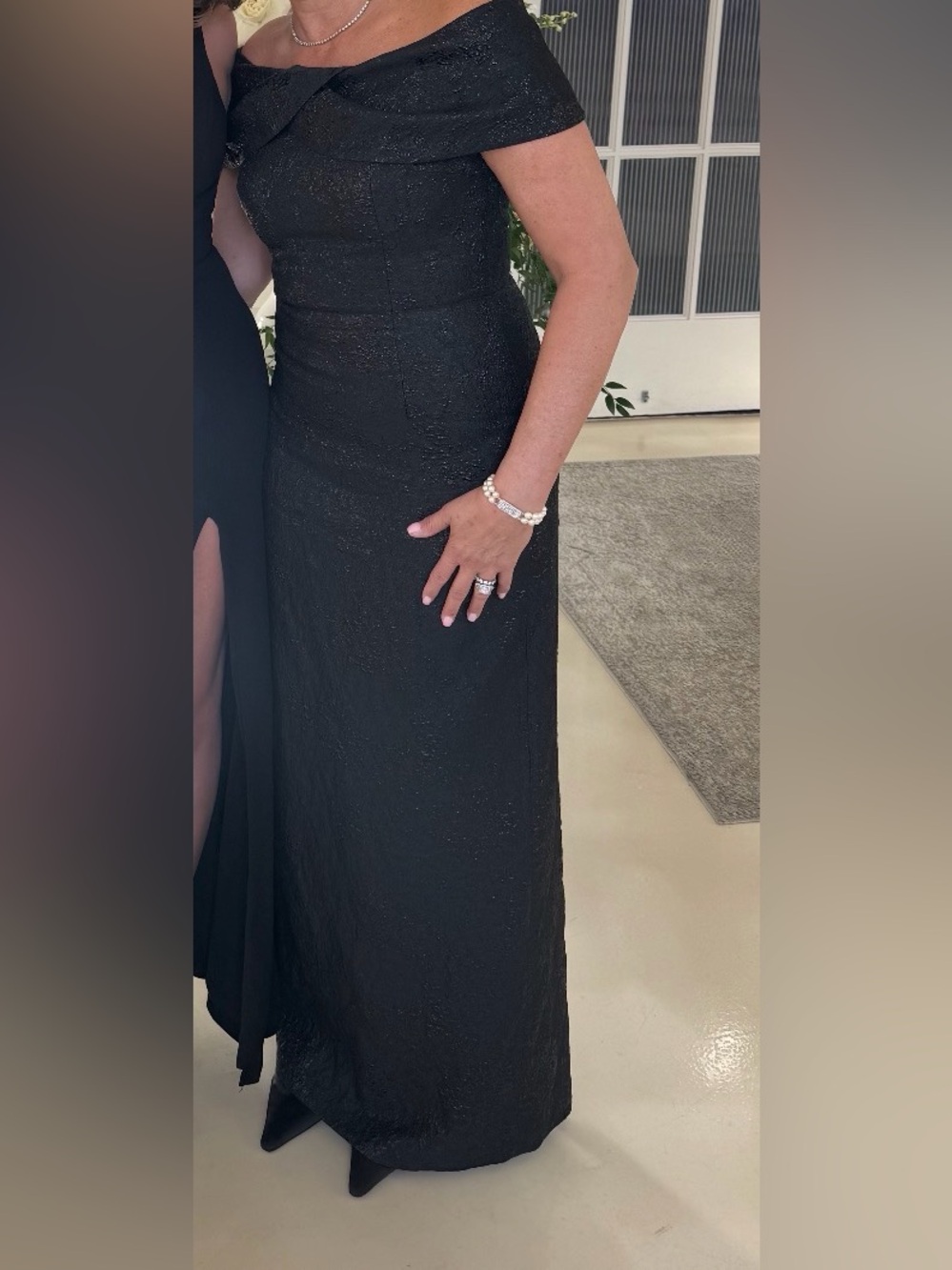 Teri Jon Black Off-Shoulder Sparkle Maxi Gown